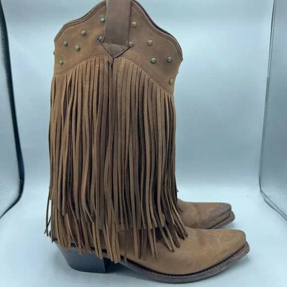 Old West Sz 8 Brown Leather Fringe Western Cowgirl Boho Boots - Picture 8 of 15
